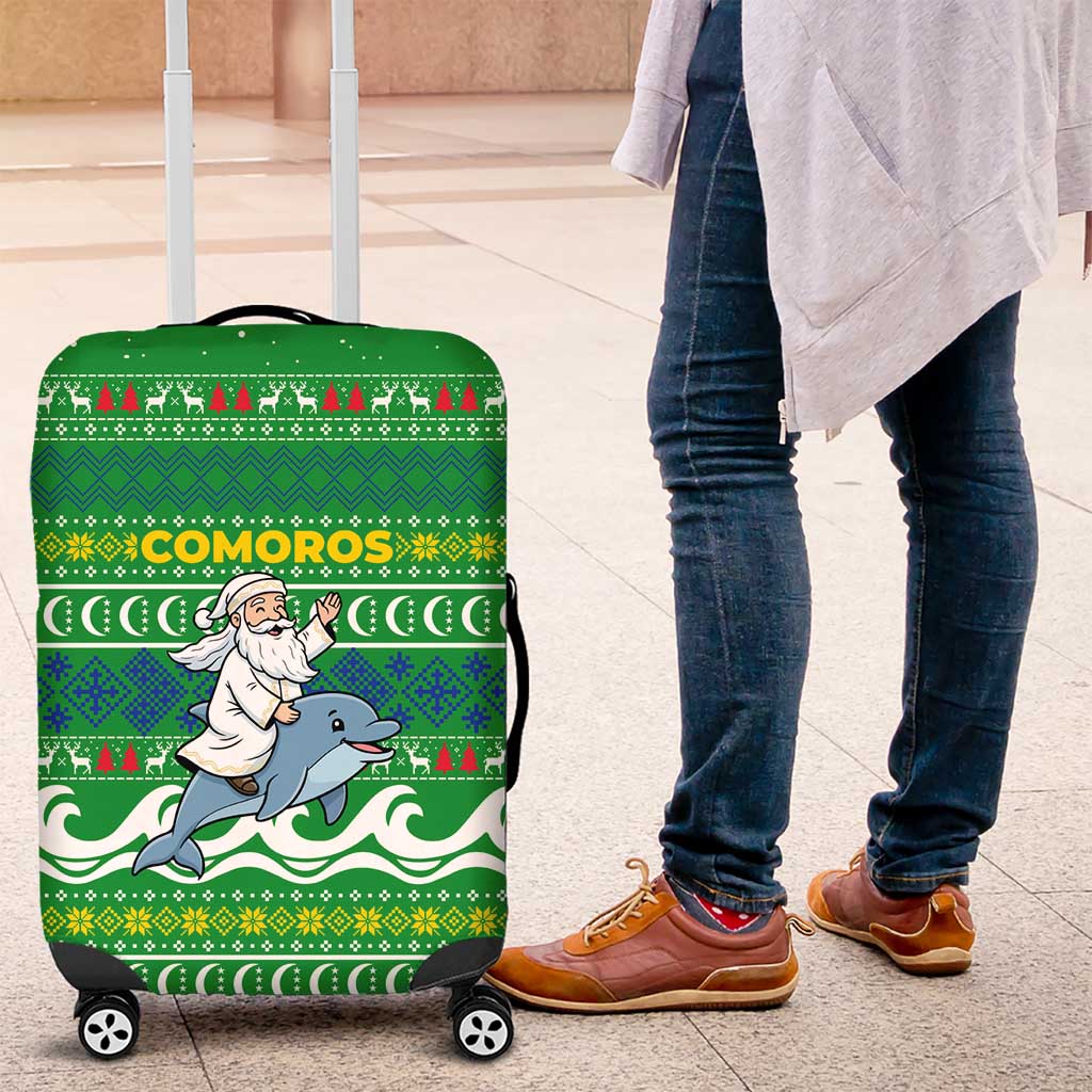 Comoros Christmas Luggage Cover with Santa Riding Dolphin Ocean Waves Crescent Moon and Tribal Pattern - Wonder Print Shop