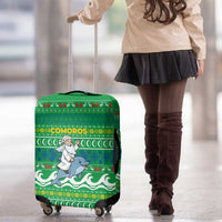 Comoros Christmas Luggage Cover with Santa Riding Dolphin Ocean Waves Crescent Moon and Tribal Pattern - Wonder Print Shop