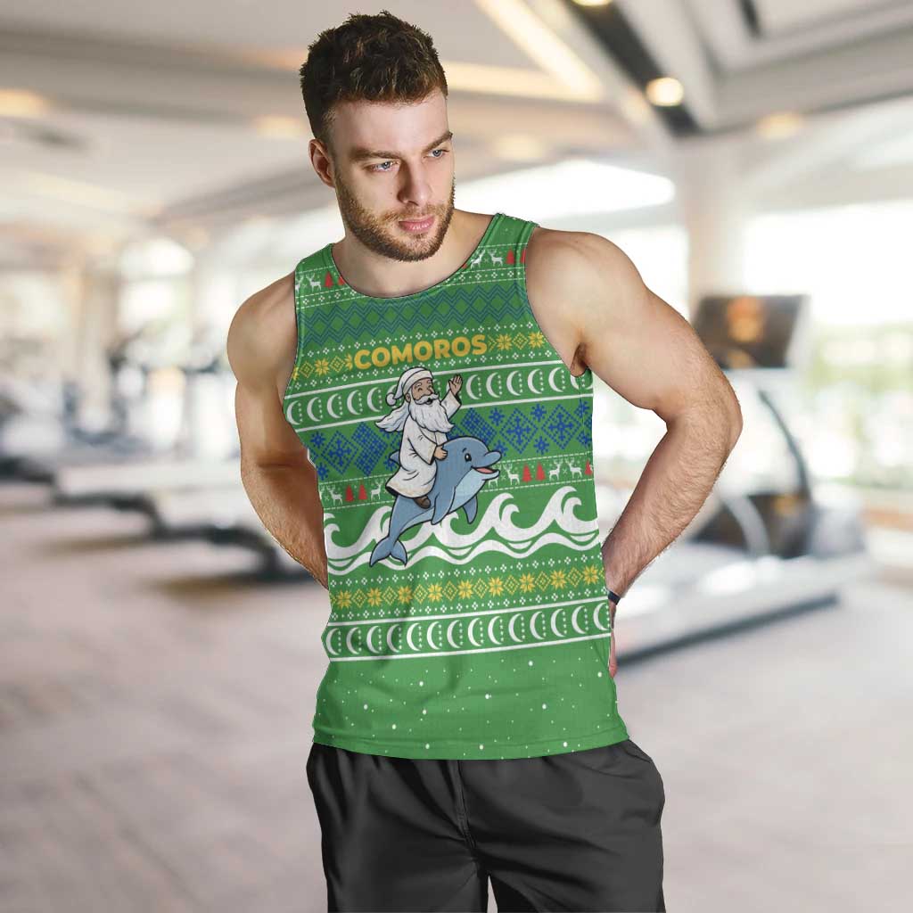 Comoros Christmas Men Tank Top with Santa Riding Dolphin Ocean Waves Crescent Moon and Tribal Pattern - Wonder Print Shop