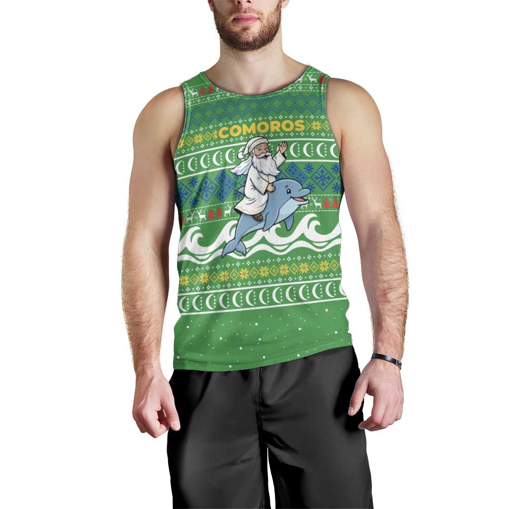 Comoros Christmas Men Tank Top with Santa Riding Dolphin Ocean Waves Crescent Moon and Tribal Pattern - Wonder Print Shop