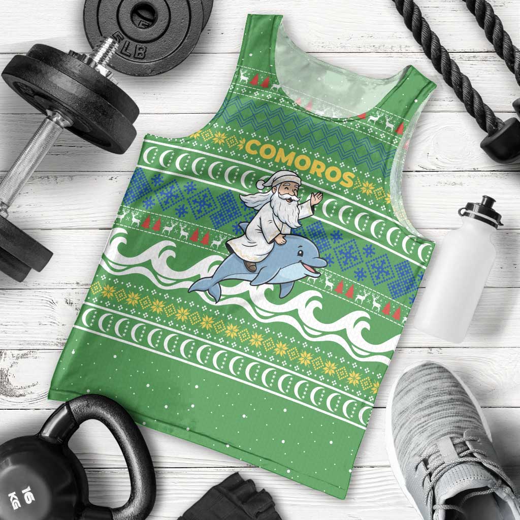 Comoros Christmas Men Tank Top with Santa Riding Dolphin Ocean Waves Crescent Moon and Tribal Pattern - Wonder Print Shop