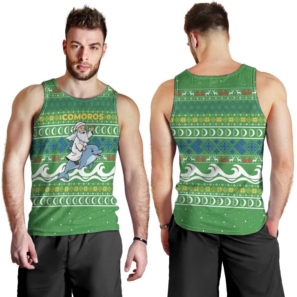Comoros Christmas Men Tank Top with Santa Riding Dolphin Ocean Waves Crescent Moon and Tribal Pattern - Wonder Print Shop