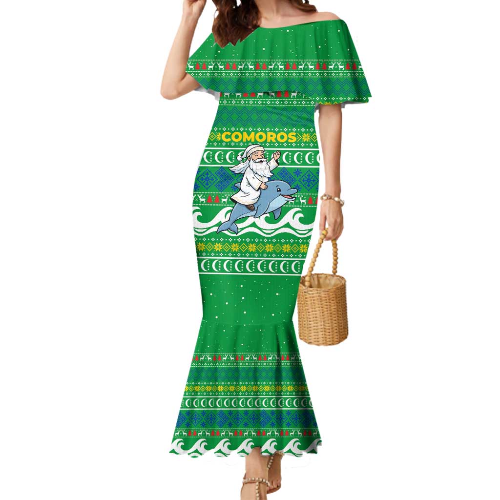 Comoros Christmas Mermaid Dress with Santa Riding Dolphin Ocean Waves Crescent Moon and Tribal Pattern - Wonder Print Shop