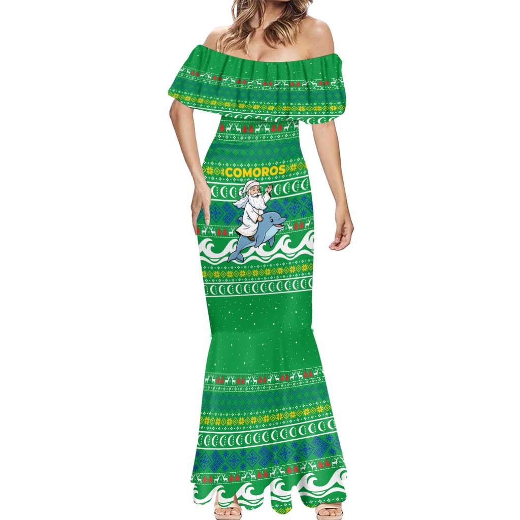 Comoros Christmas Mermaid Dress with Santa Riding Dolphin Ocean Waves Crescent Moon and Tribal Pattern - Wonder Print Shop