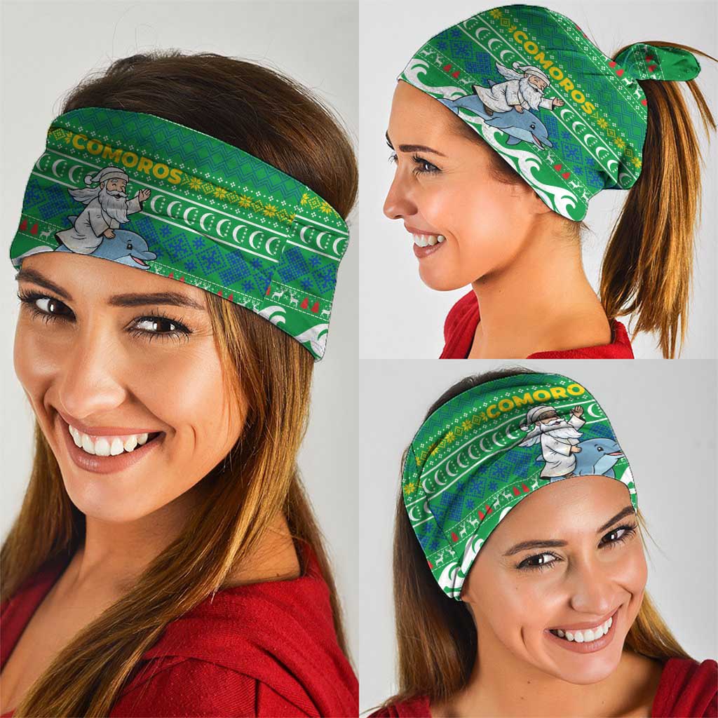 Comoros Christmas Neck Gaiter with Santa Riding Dolphin Ocean Waves Crescent Moon and Tribal Pattern - Wonder Print Shop