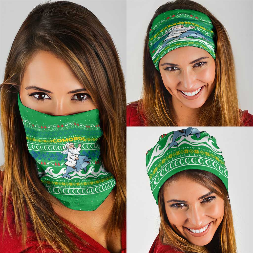 Comoros Christmas Neck Gaiter with Santa Riding Dolphin Ocean Waves Crescent Moon and Tribal Pattern - Wonder Print Shop