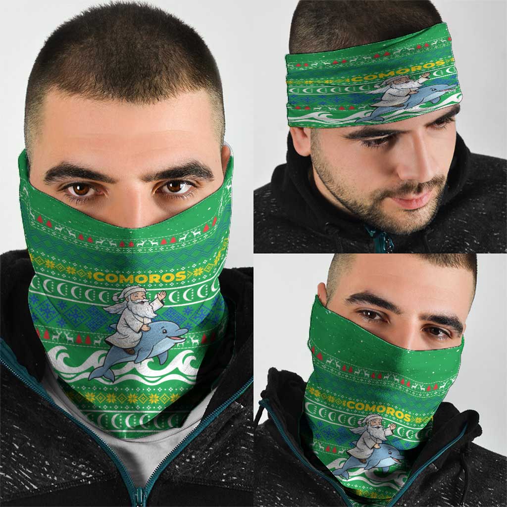 Comoros Christmas Neck Gaiter with Santa Riding Dolphin Ocean Waves Crescent Moon and Tribal Pattern - Wonder Print Shop