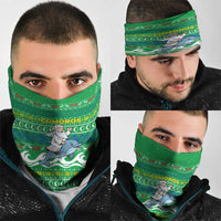 Comoros Christmas Neck Gaiter with Santa Riding Dolphin Ocean Waves Crescent Moon and Tribal Pattern - Wonder Print Shop