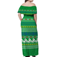 Comoros Christmas Off Shoulder Maxi Dress with Santa Riding Dolphin Ocean Waves Crescent Moon and Tribal Pattern - Wonder Print Shop