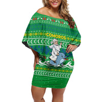 Comoros Christmas Off Shoulder Short Dress with Santa Riding Dolphin Ocean Waves Crescent Moon and Tribal Pattern - Wonder Print Shop