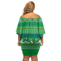 Comoros Christmas Off Shoulder Short Dress with Santa Riding Dolphin Ocean Waves Crescent Moon and Tribal Pattern - Wonder Print Shop