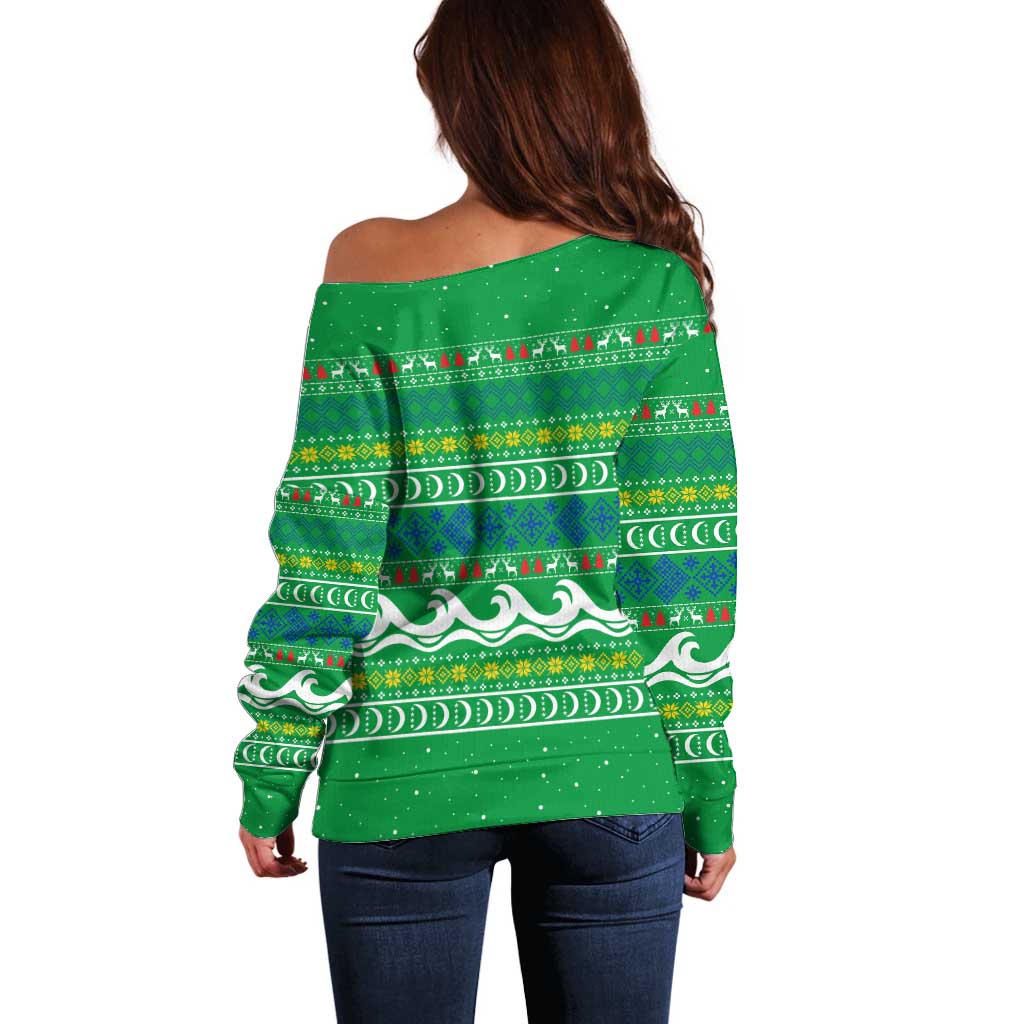 Comoros Christmas Off Shoulder Sweater with Santa Riding Dolphin Ocean Waves Crescent Moon and Tribal Pattern - Wonder Print Shop