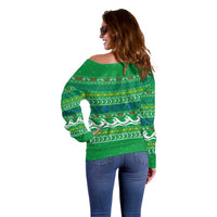 Comoros Christmas Off Shoulder Sweater with Santa Riding Dolphin Ocean Waves Crescent Moon and Tribal Pattern - Wonder Print Shop