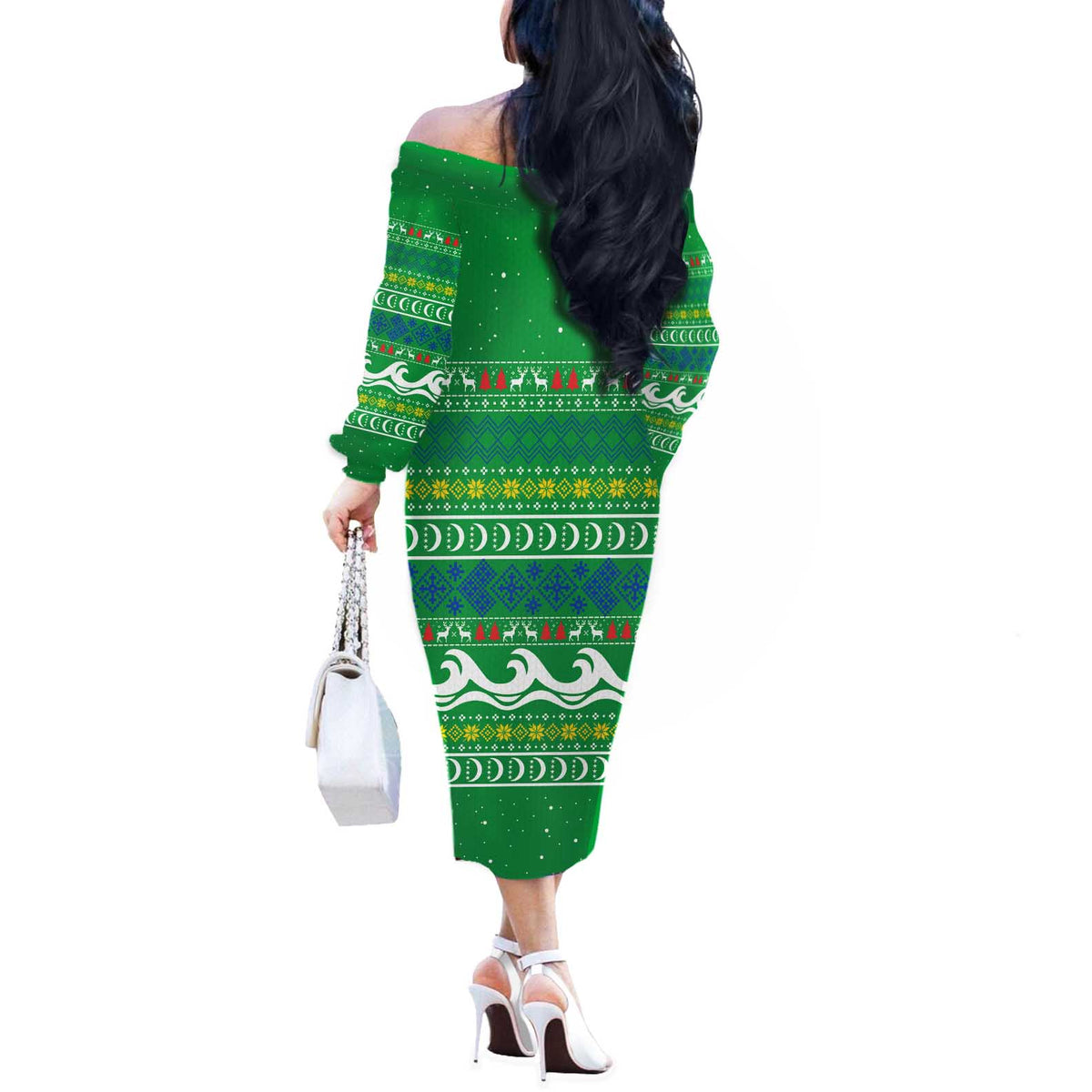 Comoros Christmas Off The Shoulder Long Sleeve Dress with Santa Riding Dolphin Ocean Waves Crescent Moon and Tribal Pattern - Wonder Print Shop