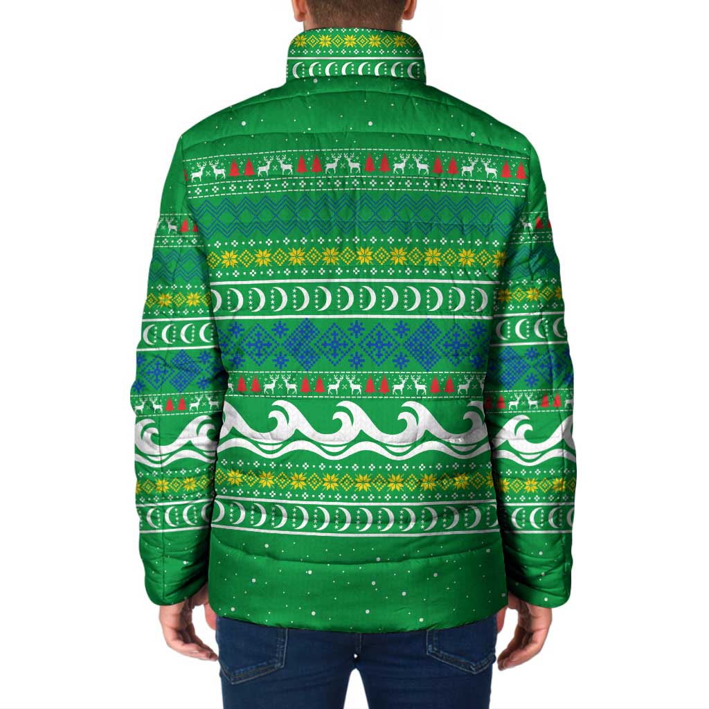 Comoros Christmas Padded Jacket with Santa Riding Dolphin Ocean Waves Crescent Moon and Tribal Pattern - Wonder Print Shop
