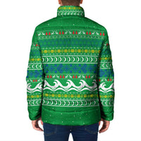 Comoros Christmas Padded Jacket with Santa Riding Dolphin Ocean Waves Crescent Moon and Tribal Pattern - Wonder Print Shop