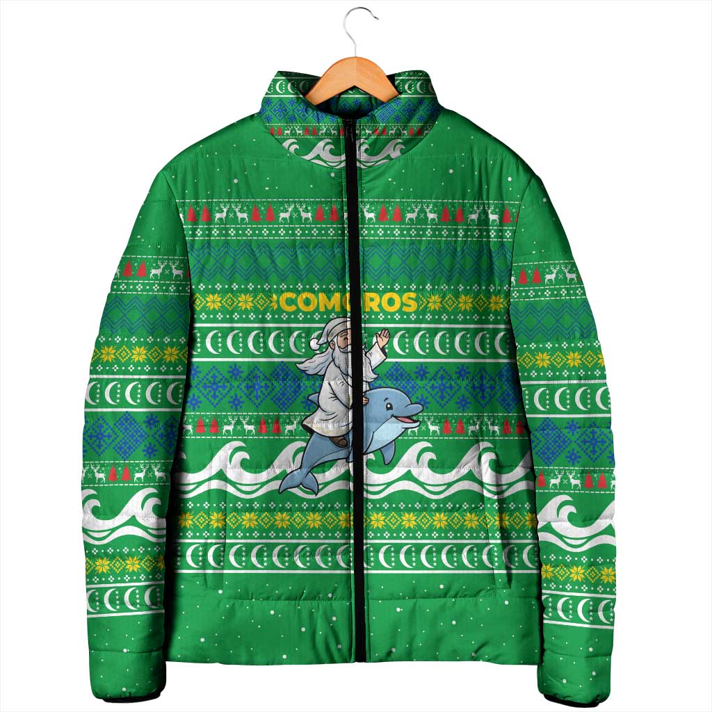 Comoros Christmas Padded Jacket with Santa Riding Dolphin Ocean Waves Crescent Moon and Tribal Pattern - Wonder Print Shop