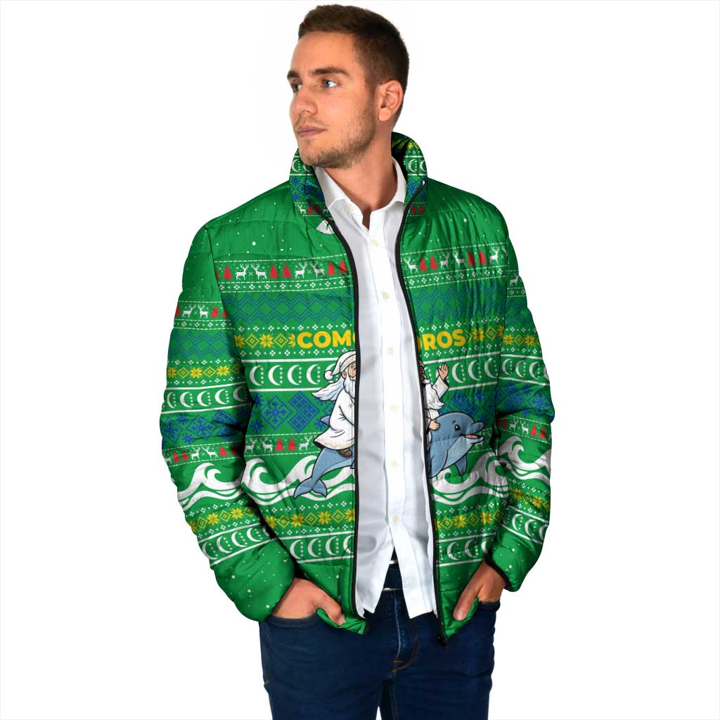 Comoros Christmas Padded Jacket with Santa Riding Dolphin Ocean Waves Crescent Moon and Tribal Pattern - Wonder Print Shop