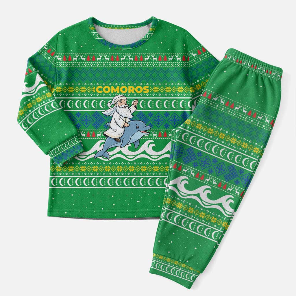 Comoros Christmas Pajama Set with Santa Riding Dolphin Ocean Waves Crescent Moon and Tribal Pattern - Wonder Print Shop