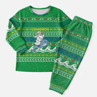 Comoros Christmas Pajama Set with Santa Riding Dolphin Ocean Waves Crescent Moon and Tribal Pattern - Wonder Print Shop