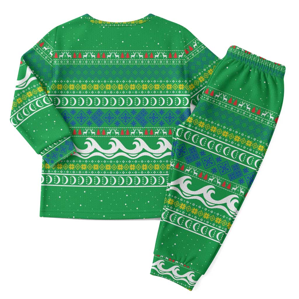 Comoros Christmas Pajama Set with Santa Riding Dolphin Ocean Waves Crescent Moon and Tribal Pattern - Wonder Print Shop