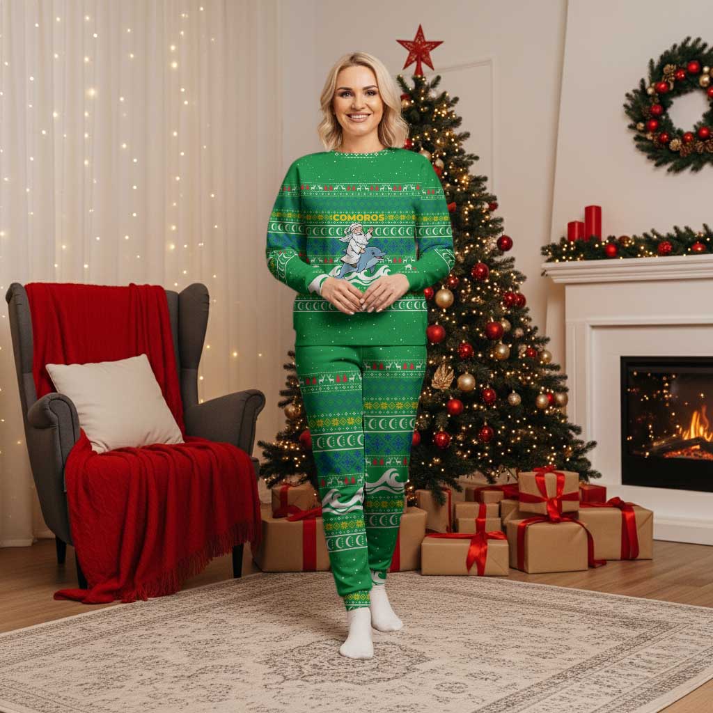 Comoros Christmas Pajama Set with Santa Riding Dolphin Ocean Waves Crescent Moon and Tribal Pattern - Wonder Print Shop