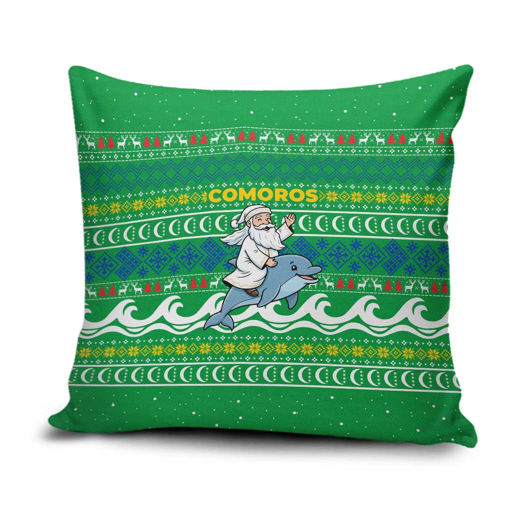 Comoros Christmas Pillow Cover with Santa Riding Dolphin Ocean Waves Crescent Moon and Tribal Pattern - Wonder Print Shop