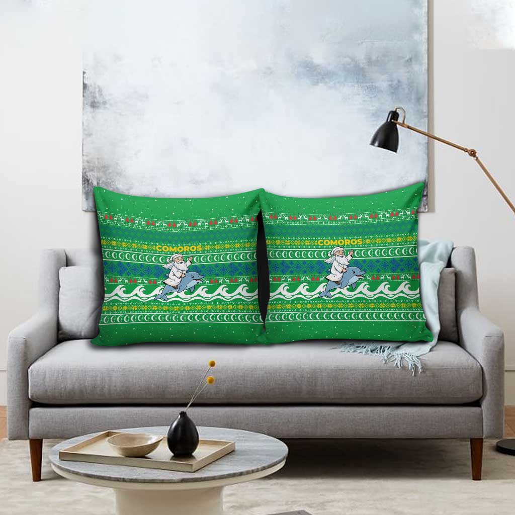 Comoros Christmas Pillow Cover with Santa Riding Dolphin Ocean Waves Crescent Moon and Tribal Pattern - Wonder Print Shop