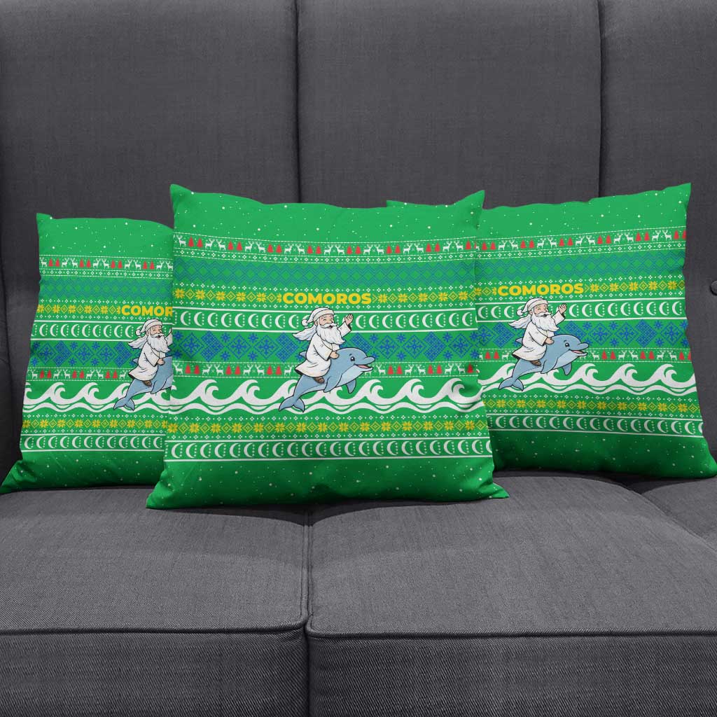 Comoros Christmas Pillow Cover with Santa Riding Dolphin Ocean Waves Crescent Moon and Tribal Pattern - Wonder Print Shop