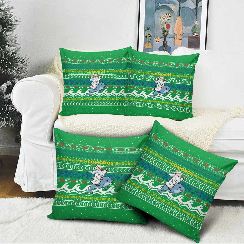 Comoros Christmas Pillow Cover with Santa Riding Dolphin Ocean Waves Crescent Moon and Tribal Pattern - Wonder Print Shop