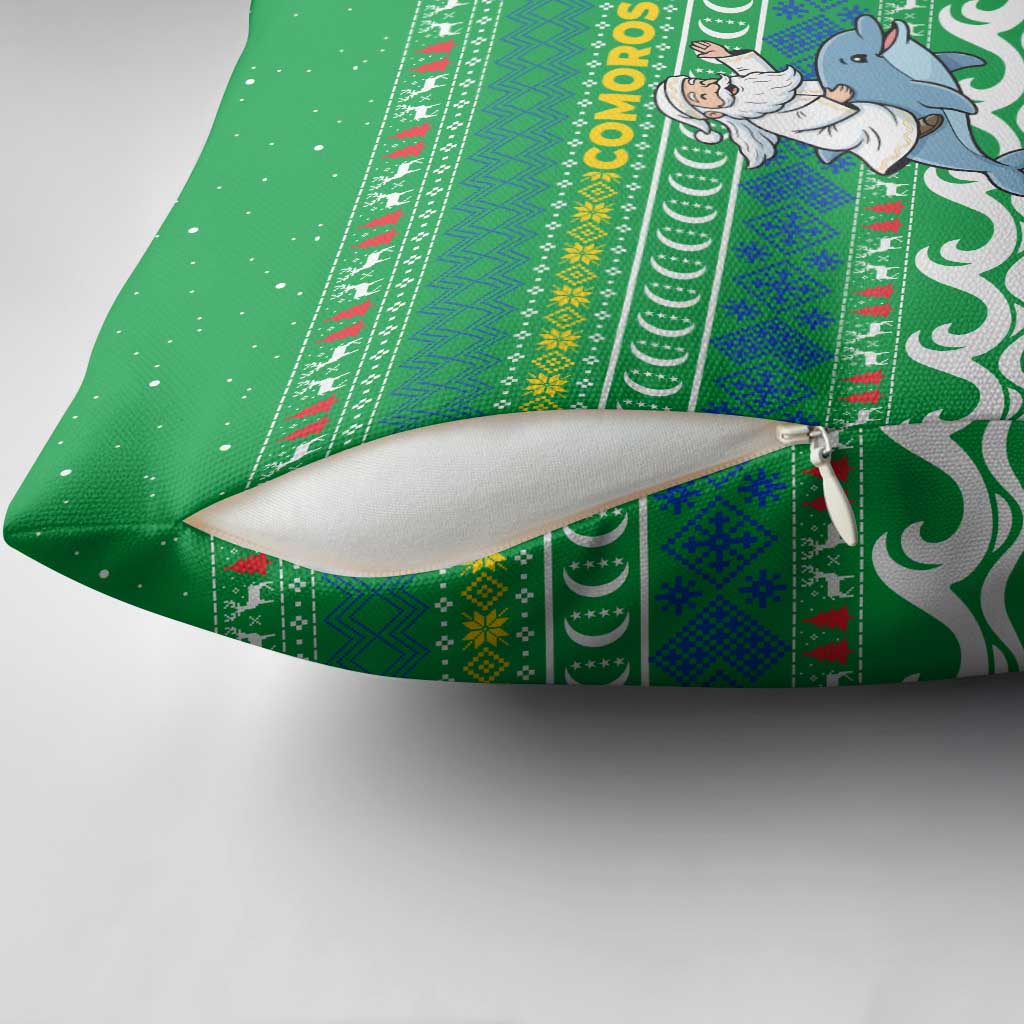 Comoros Christmas Pillow Cover with Santa Riding Dolphin Ocean Waves Crescent Moon and Tribal Pattern - Wonder Print Shop