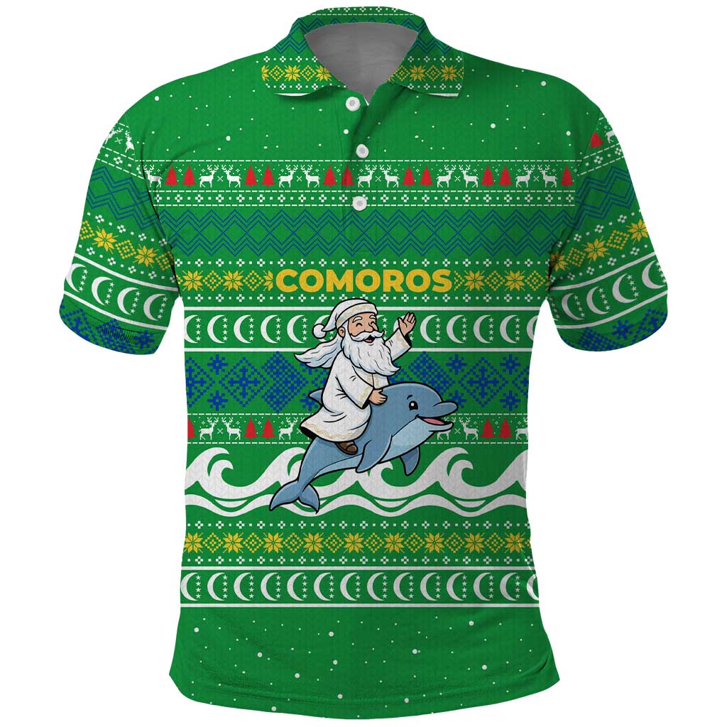 Comoros Christmas Polo Shirt with Santa Riding Dolphin Ocean Waves Crescent Moon and Tribal Pattern - Wonder Print Shop