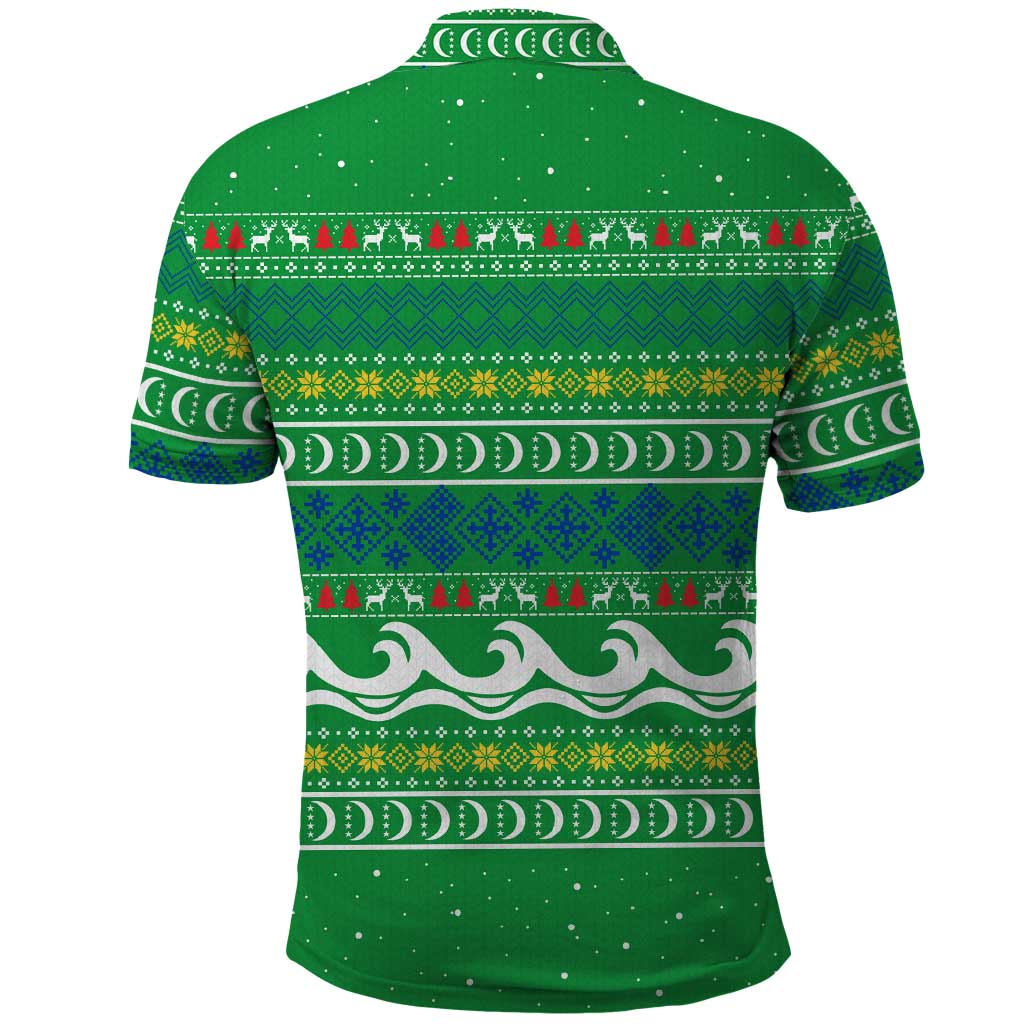 Comoros Christmas Polo Shirt with Santa Riding Dolphin Ocean Waves Crescent Moon and Tribal Pattern - Wonder Print Shop