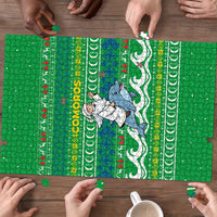 Comoros Christmas Puzzle with Santa Riding Dolphin Ocean Waves Crescent Moon and Tribal Pattern - Wonder Print Shop