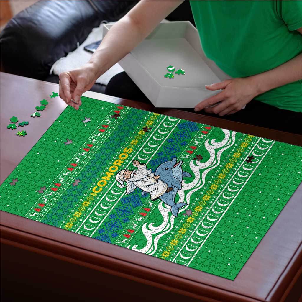 Comoros Christmas Puzzle with Santa Riding Dolphin Ocean Waves Crescent Moon and Tribal Pattern - Wonder Print Shop