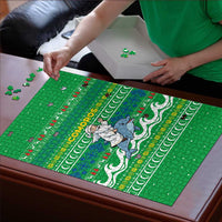 Comoros Christmas Puzzle with Santa Riding Dolphin Ocean Waves Crescent Moon and Tribal Pattern - Wonder Print Shop