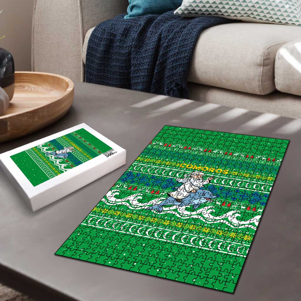 Comoros Christmas Puzzle with Santa Riding Dolphin Ocean Waves Crescent Moon and Tribal Pattern - Wonder Print Shop