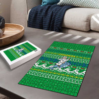 Comoros Christmas Puzzle with Santa Riding Dolphin Ocean Waves Crescent Moon and Tribal Pattern - Wonder Print Shop