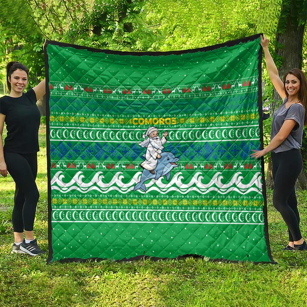 Comoros Christmas Quilt with Santa Riding Dolphin Ocean Waves Crescent Moon and Tribal Pattern - Wonder Print Shop