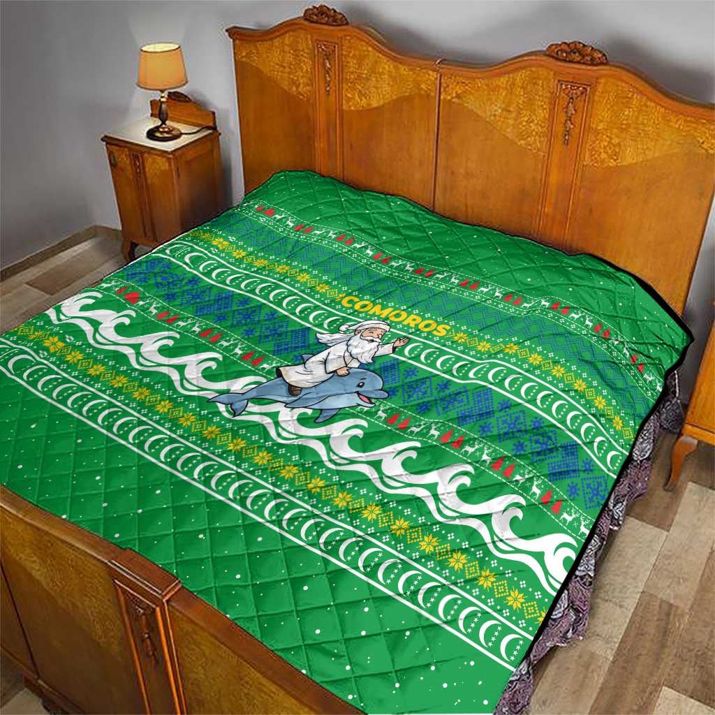 Comoros Christmas Quilt with Santa Riding Dolphin Ocean Waves Crescent Moon and Tribal Pattern - Wonder Print Shop
