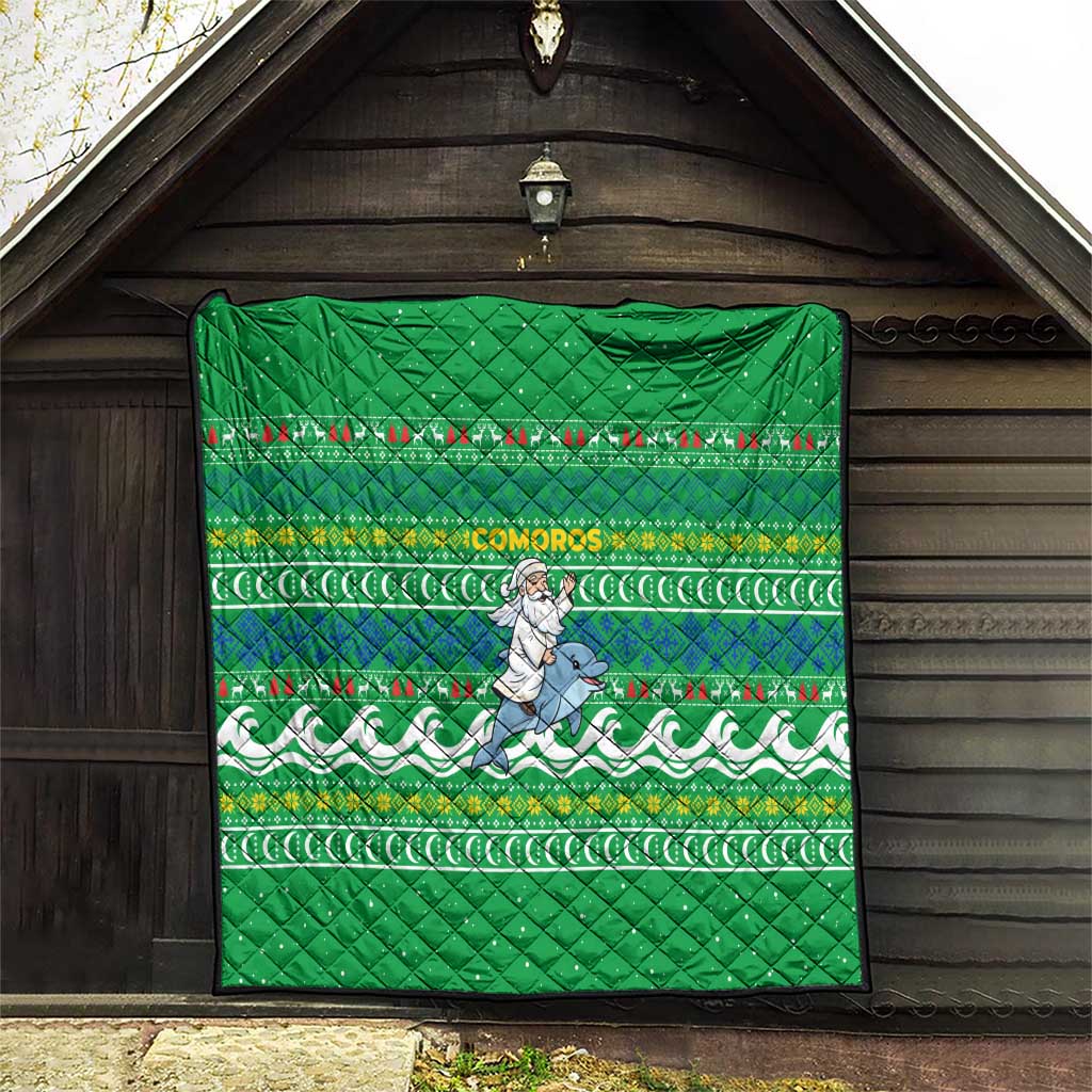 Comoros Christmas Quilt with Santa Riding Dolphin Ocean Waves Crescent Moon and Tribal Pattern - Wonder Print Shop