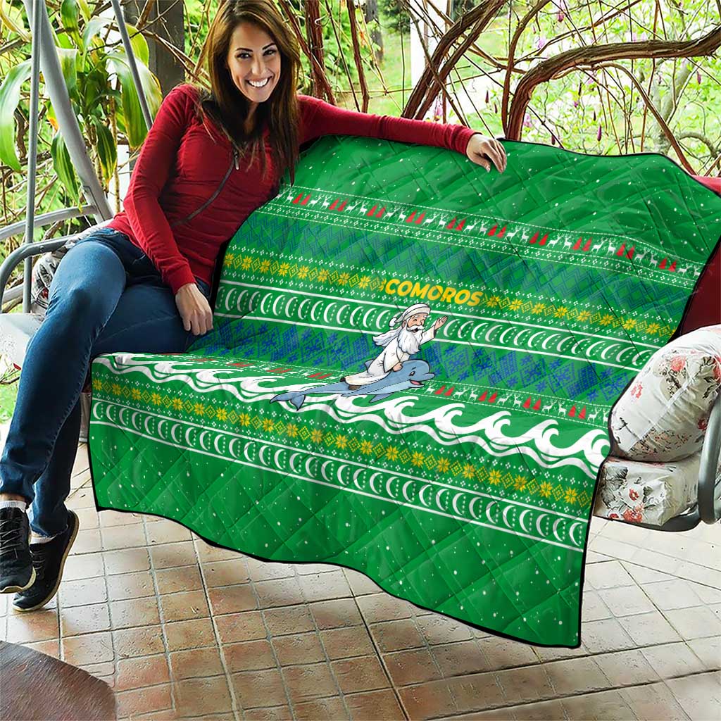 Comoros Christmas Quilt with Santa Riding Dolphin Ocean Waves Crescent Moon and Tribal Pattern - Wonder Print Shop