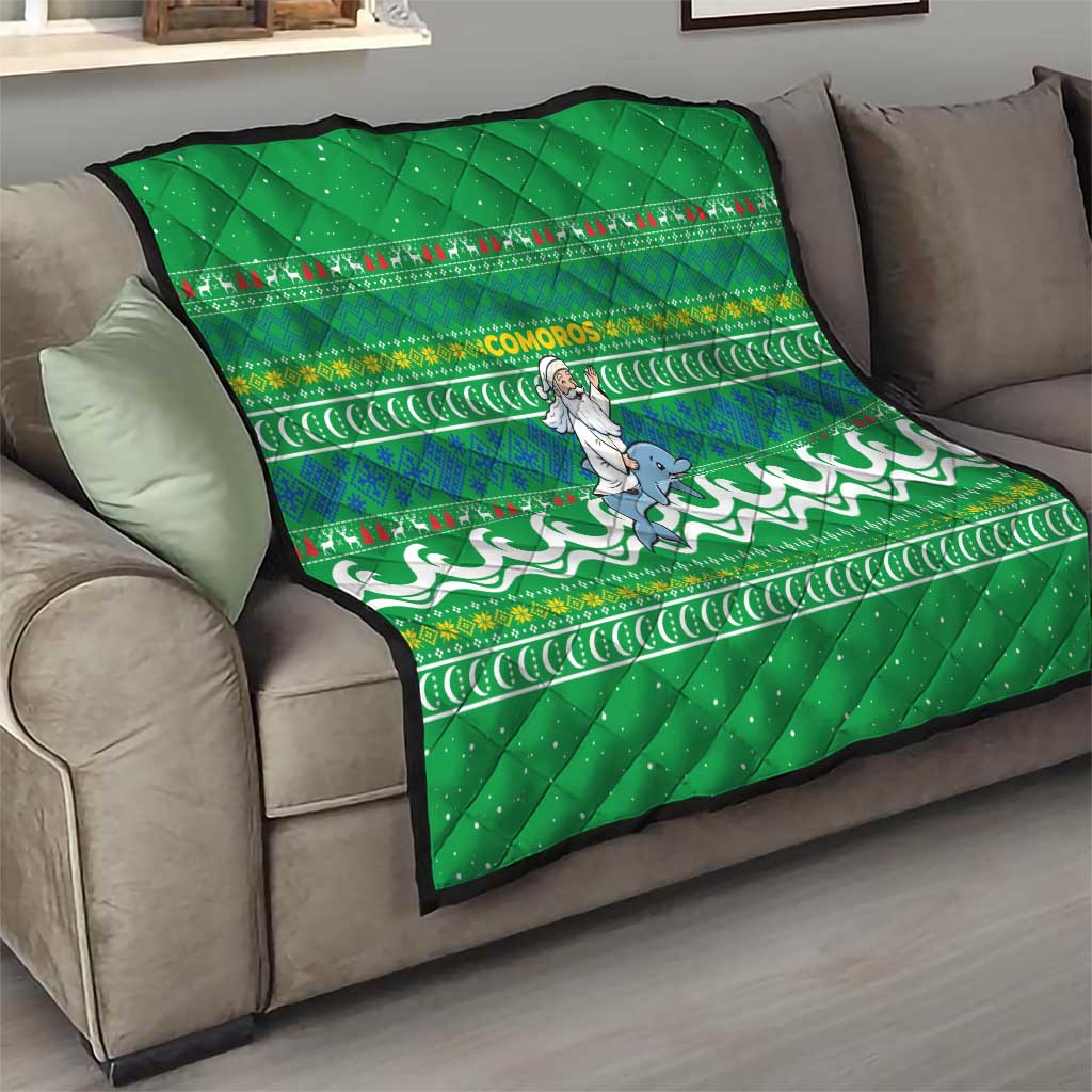 Comoros Christmas Quilt with Santa Riding Dolphin Ocean Waves Crescent Moon and Tribal Pattern - Wonder Print Shop