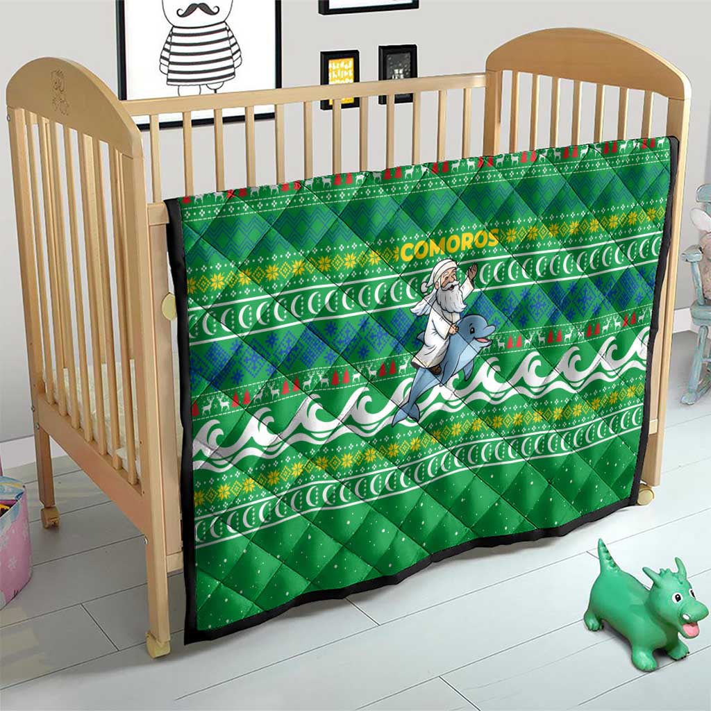 Comoros Christmas Quilt with Santa Riding Dolphin Ocean Waves Crescent Moon and Tribal Pattern - Wonder Print Shop