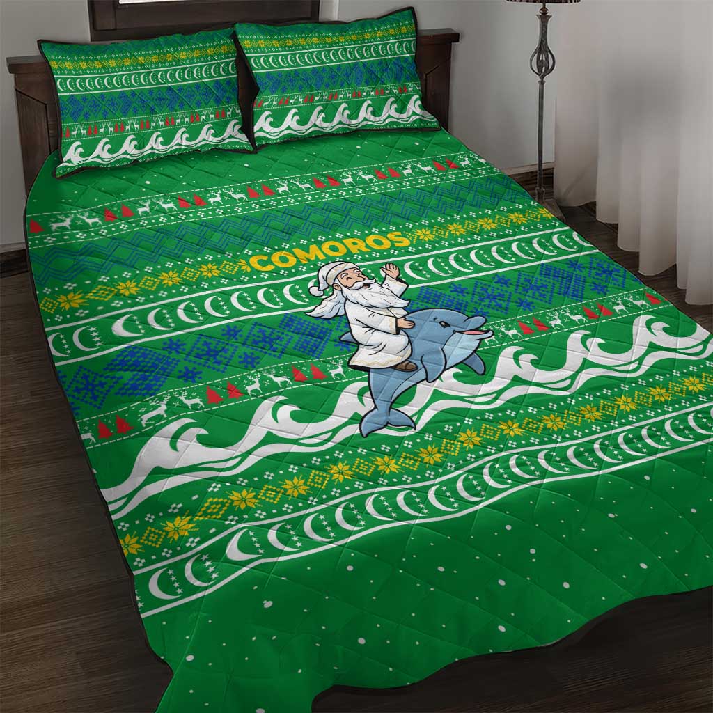 Comoros Christmas Quilt Bed Set with Santa Riding Dolphin Ocean Waves Crescent Moon and Tribal Pattern - Wonder Print Shop