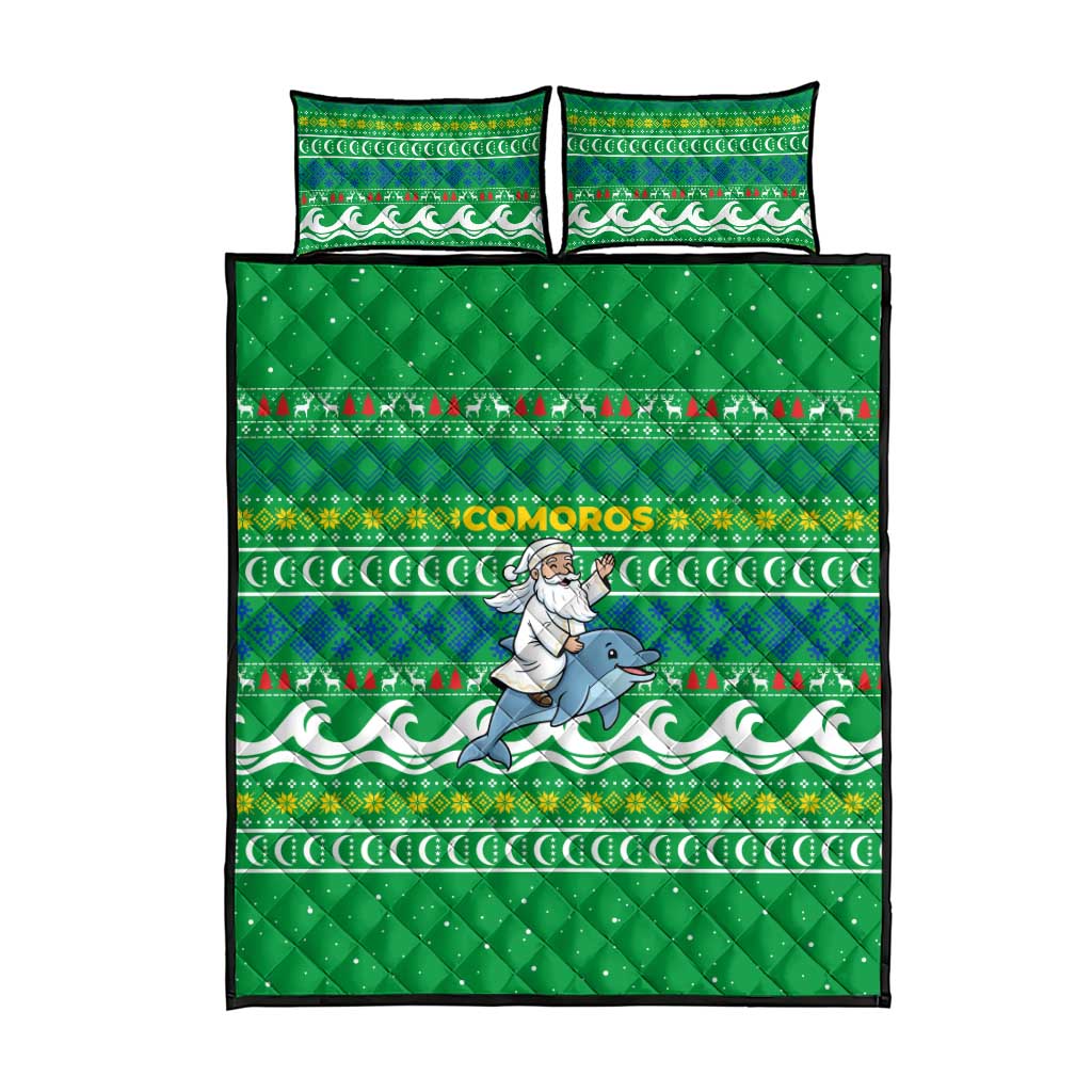 Comoros Christmas Quilt Bed Set with Santa Riding Dolphin Ocean Waves Crescent Moon and Tribal Pattern - Wonder Print Shop