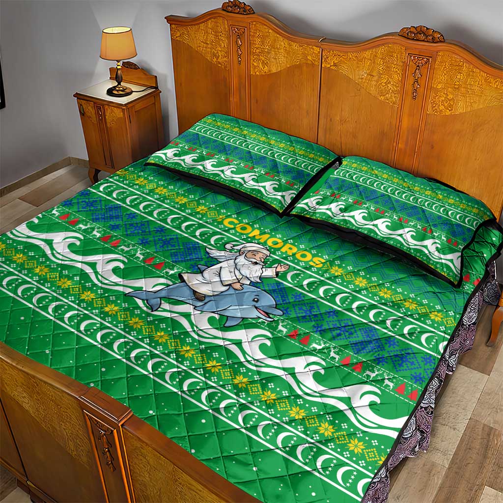 Comoros Christmas Quilt Bed Set with Santa Riding Dolphin Ocean Waves Crescent Moon and Tribal Pattern - Wonder Print Shop