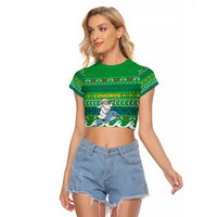 Comoros Christmas Raglan Cropped T Shirt with Santa Riding Dolphin Ocean Waves Crescent Moon and Tribal Pattern - Wonder Print Shop