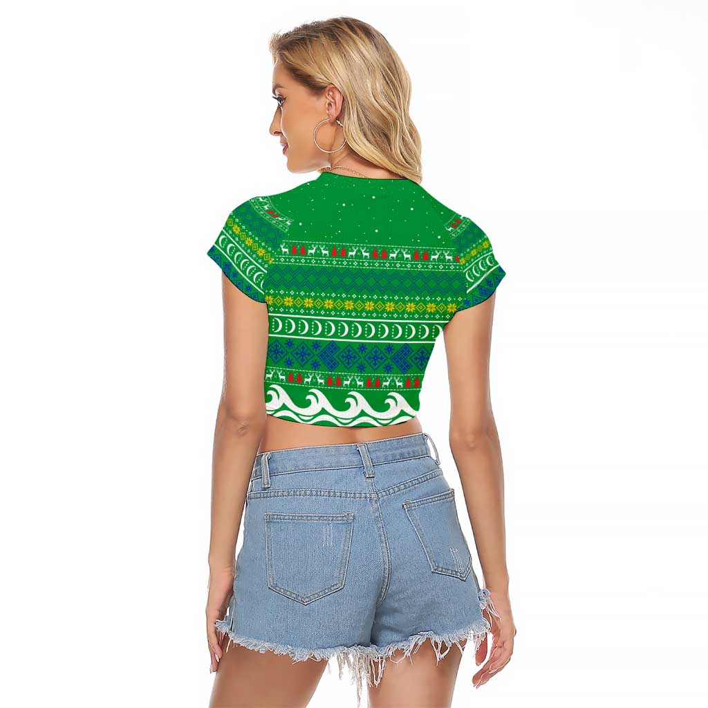 Comoros Christmas Raglan Cropped T Shirt with Santa Riding Dolphin Ocean Waves Crescent Moon and Tribal Pattern - Wonder Print Shop