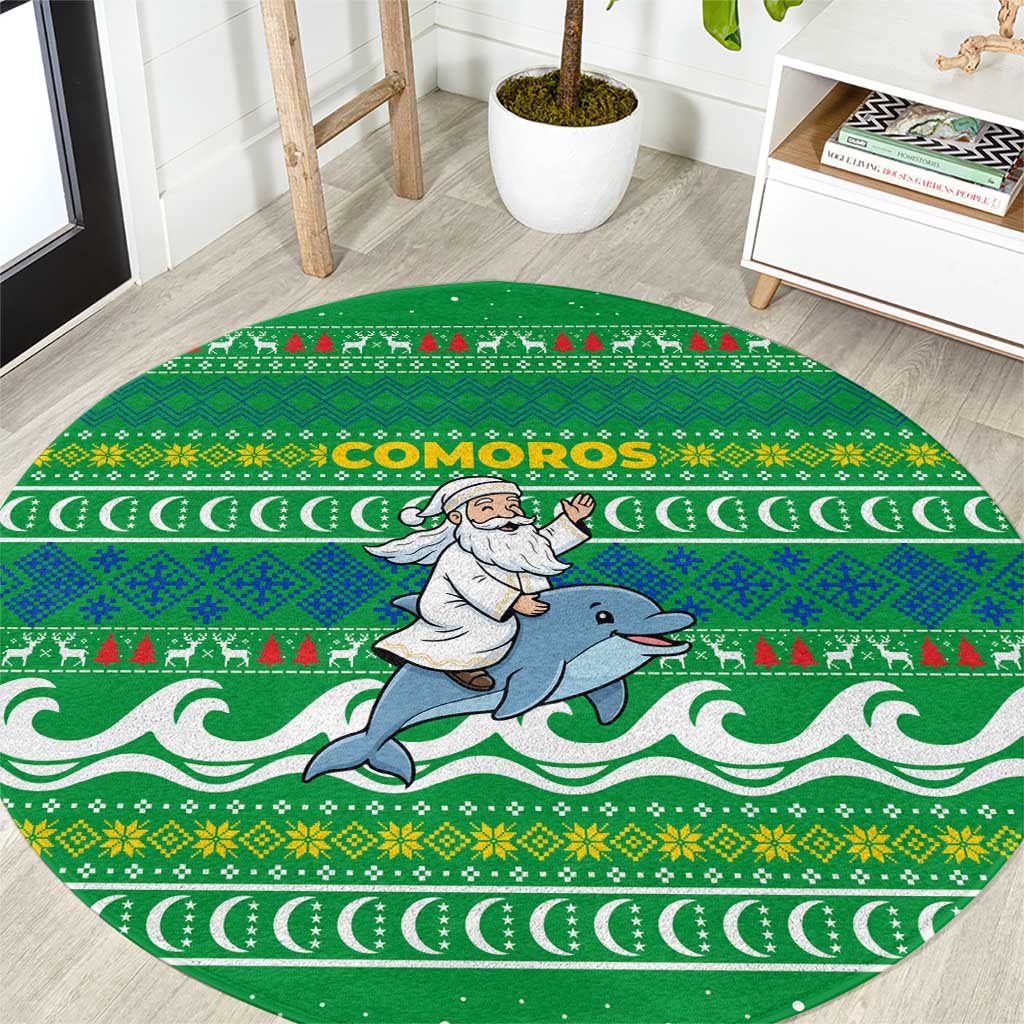Comoros Christmas Round Carpet with Santa Riding Dolphin Ocean Waves Crescent Moon and Tribal Pattern - Wonder Print Shop